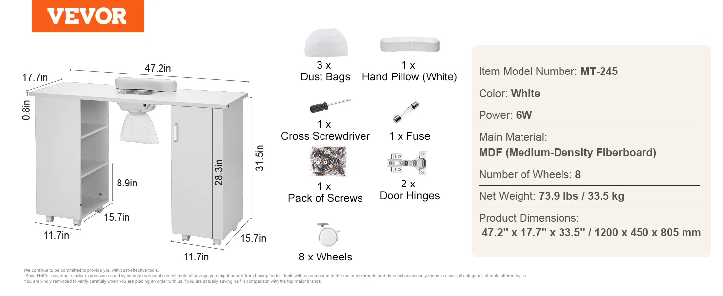Especificaciones, accesorios y dimensiones de la mesa de manicura VEVOR en mdf blanco con 8 ruedas y almacenamiento.