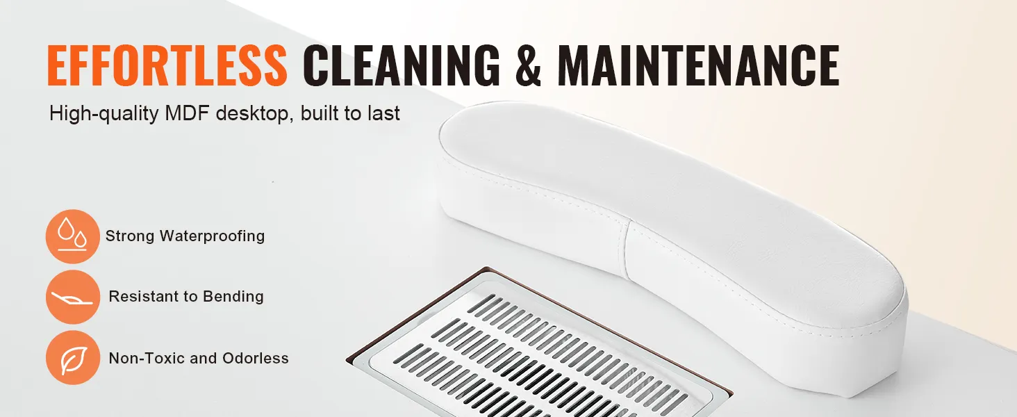 Limpieza y mantenimiento sin esfuerzo con la mesa de manicura VEVOR: MDF impermeable, resistente a las curvaturas y no tóxico.