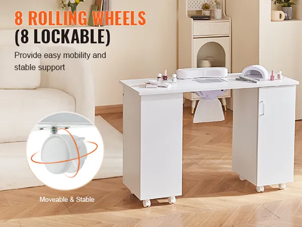 8 ruedas giratorias (8 bloqueables) para mesa de manicura VEVOR, que proporcionan fácil movilidad y soporte estable.