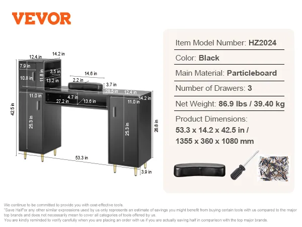 Mesa de manicura VEVOR hz2024 en color negro con tres cajones, reposamuñecas, tornillos y destornillador incluidos.