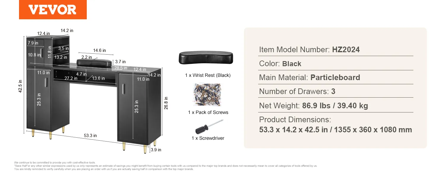 Mesa de manicura VEVOR hz2024 en color negro con tres cajones, reposamuñecas, tornillos y destornillador incluidos.