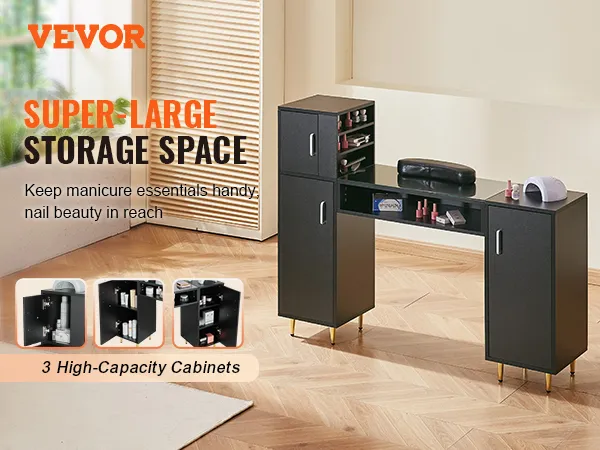 Mesa de manicura VEVOR con gran capacidad de almacenamiento y gabinetes de gran capacidad para elementos esenciales de manicura.