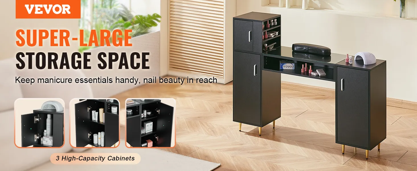 Mesa de manicura VEVOR con gran capacidad de almacenamiento y gabinetes de gran capacidad para elementos esenciales de manicura.