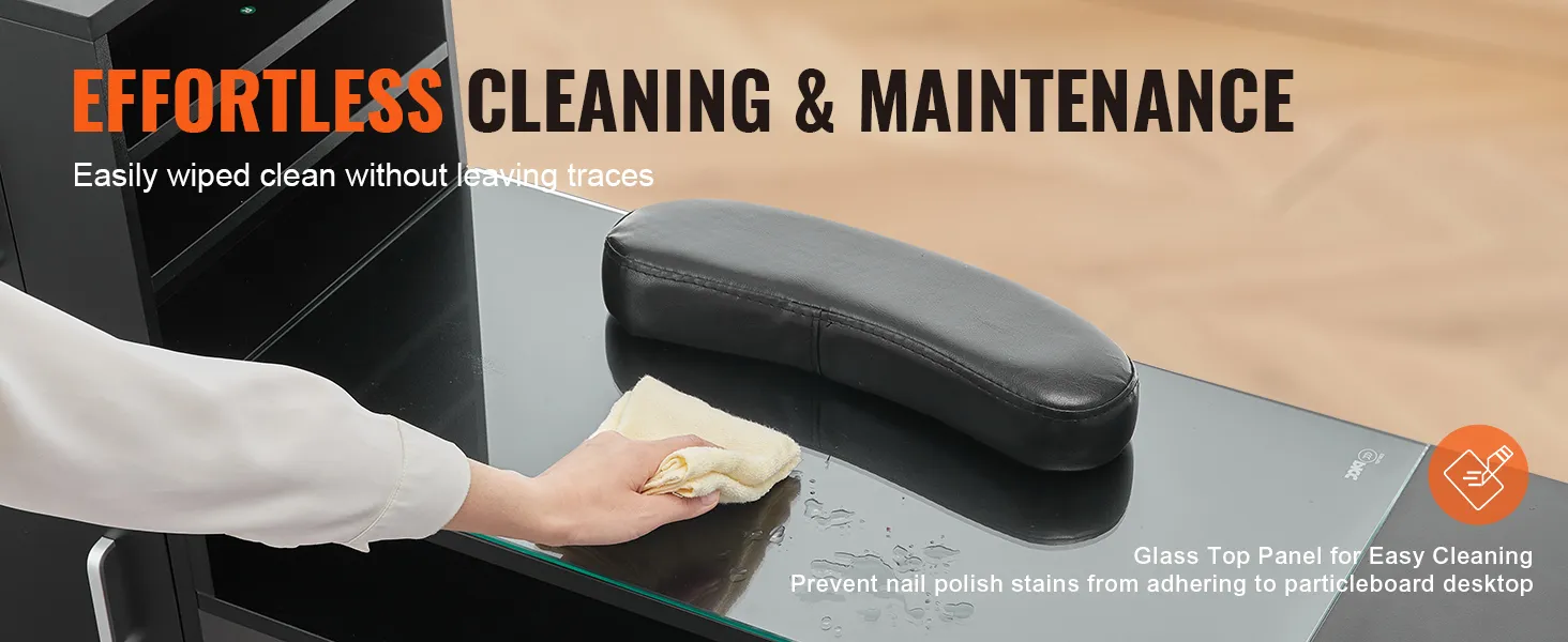 Mesa de manicura negra VEVOR que se limpia con un paño, lo que resalta su limpieza y mantenimiento sin esfuerzo.