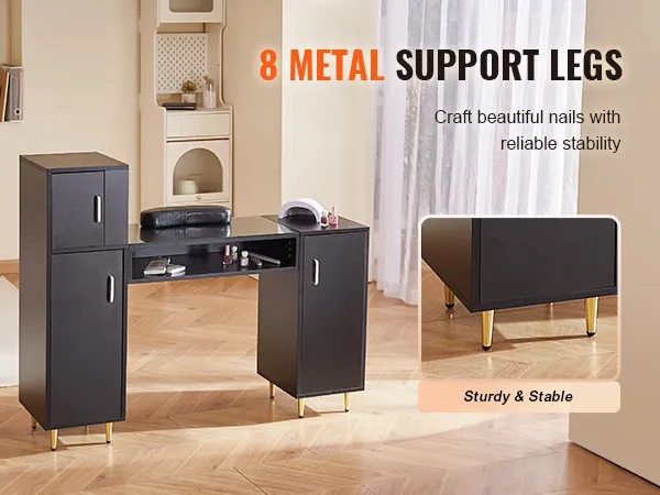 Mesa de manicura VEVOR con 8 patas de soporte de metal, gabinetes de almacenamiento y un elegante diseño negro.