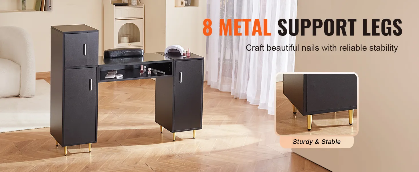 Mesa de manicura VEVOR con 8 patas de soporte de metal, gabinetes de almacenamiento y un elegante diseño negro.