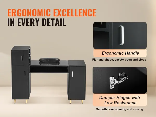 Mesa de manicura VEVOR con mango ergonómico y bisagras con amortiguación de baja resistencia para un funcionamiento suave.