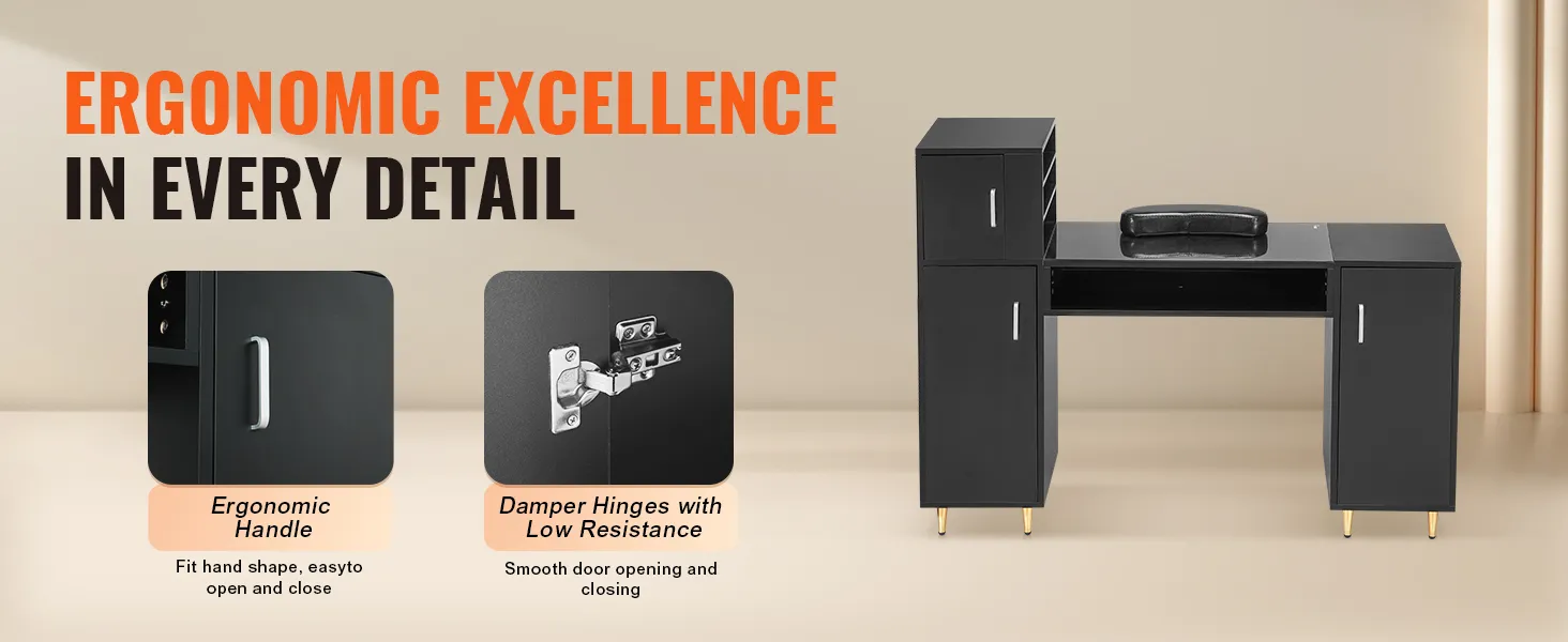 Mesa de manicura VEVOR con mango ergonómico y bisagras con amortiguación de baja resistencia para un funcionamiento suave.