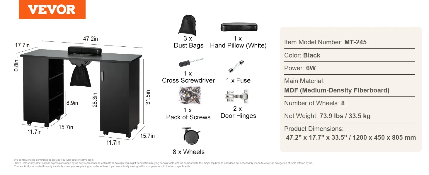 VEVOR Maniküretisch Modell mt-245 mit Zubehör, schwarzes MDF, 8 Räder, 6 W Leistung, 47,2"x17,7"x33,5"