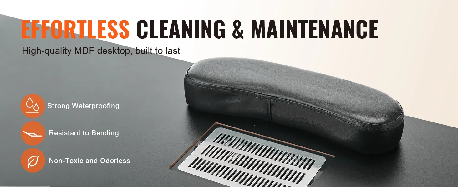 Mühelose Reinigung und Pflege mit dem Maniküretisch von VEVOR, hochwertige MDF-Tischplatte, wasserdicht und ungiftig.