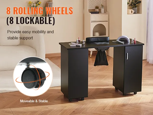VEVOR-Maniküretisch mit 8 feststellbaren Rollen für einfache Mobilität und stabilen Stand in einem gemütlichen Raum.