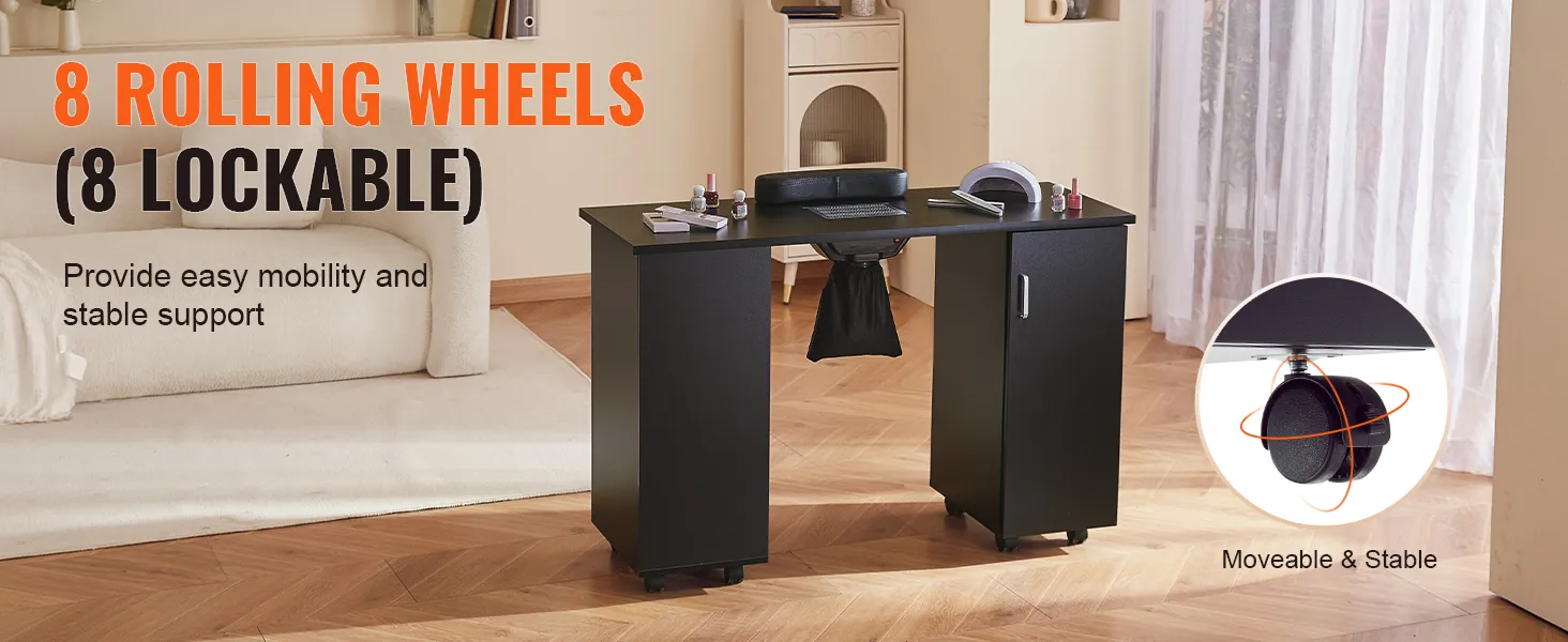 VEVOR-Maniküretisch mit 8 feststellbaren Rollen für einfache Mobilität und stabilen Stand in einem gemütlichen Raum.