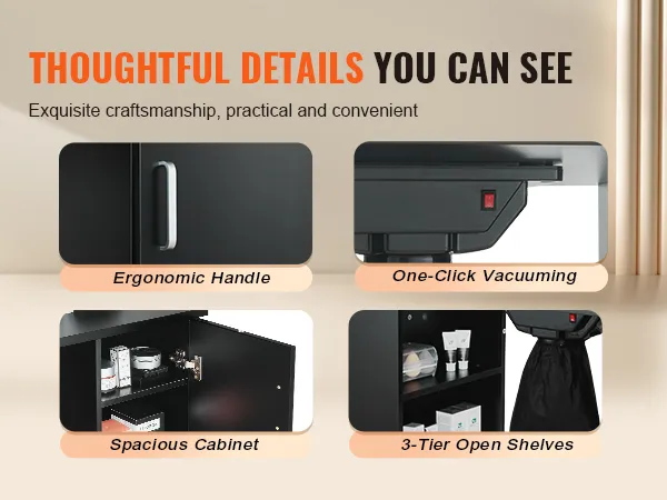 VEVOR-Maniküretisch mit ergonomischem Griff, 3-stufigen offenen Regalen, geräumigem Schrank und Staubsaugen mit einem Klick.