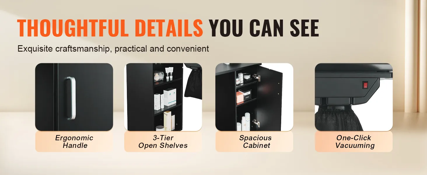 VEVOR-Maniküretisch mit ergonomischem Griff, 3-stufigen offenen Regalen, geräumigem Schrank und Staubsaugen mit einem Klick.