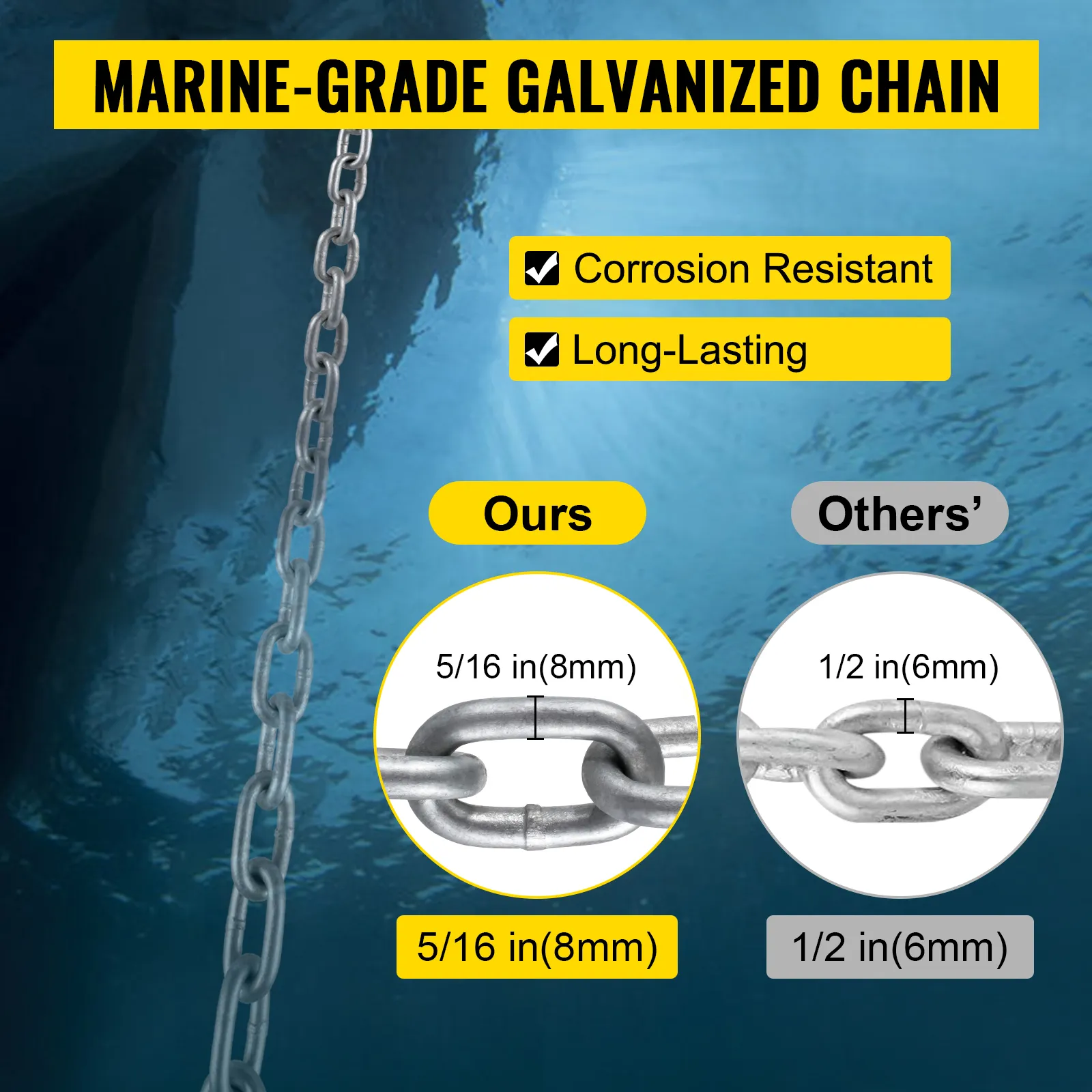 Comparación de cadena galvanizada de grado marino con cadena de anclaje VEVOR, destacando la resistencia a la corrosión.