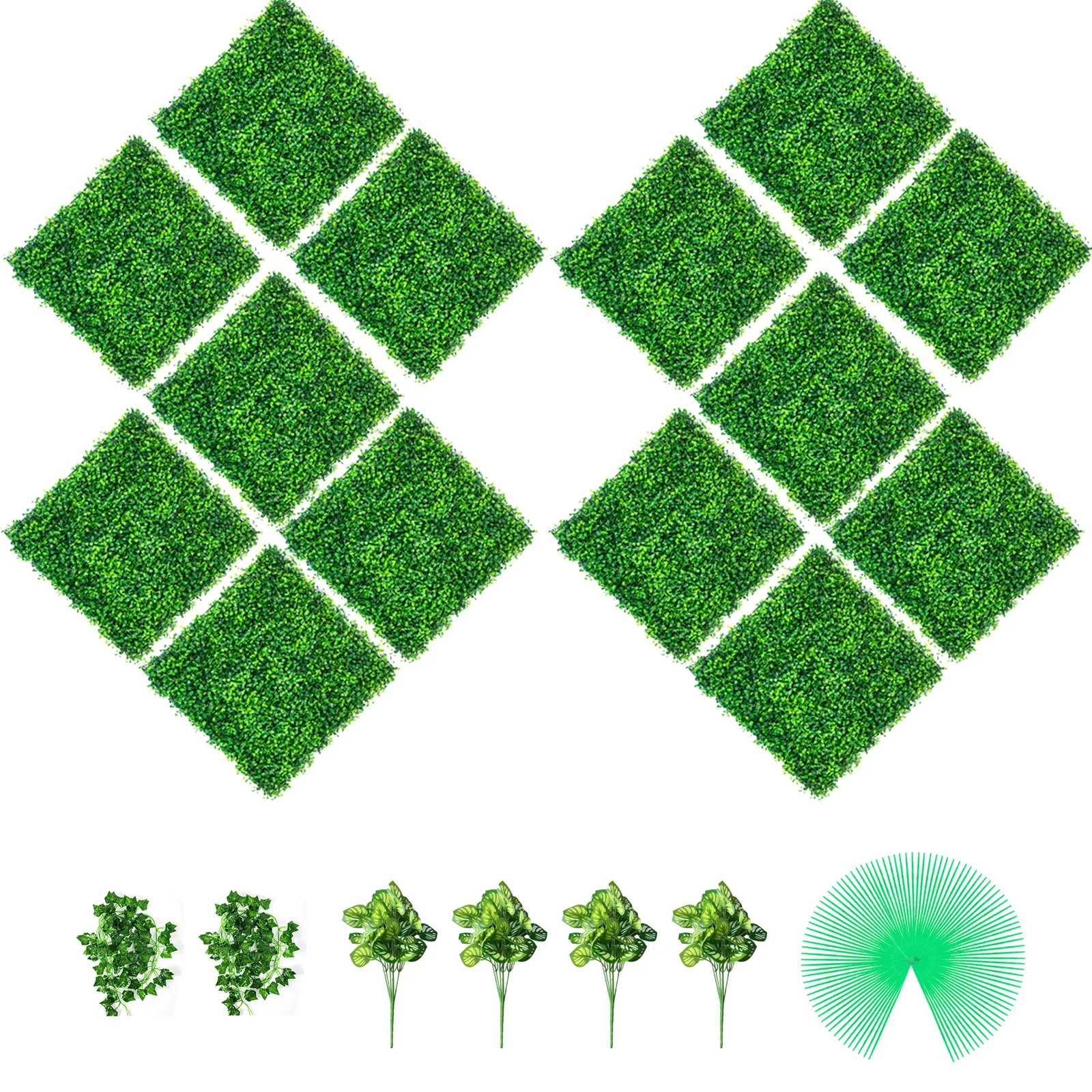 VEVOR artificial boxwood panels set with leaf bundles and green zip ties for decor.