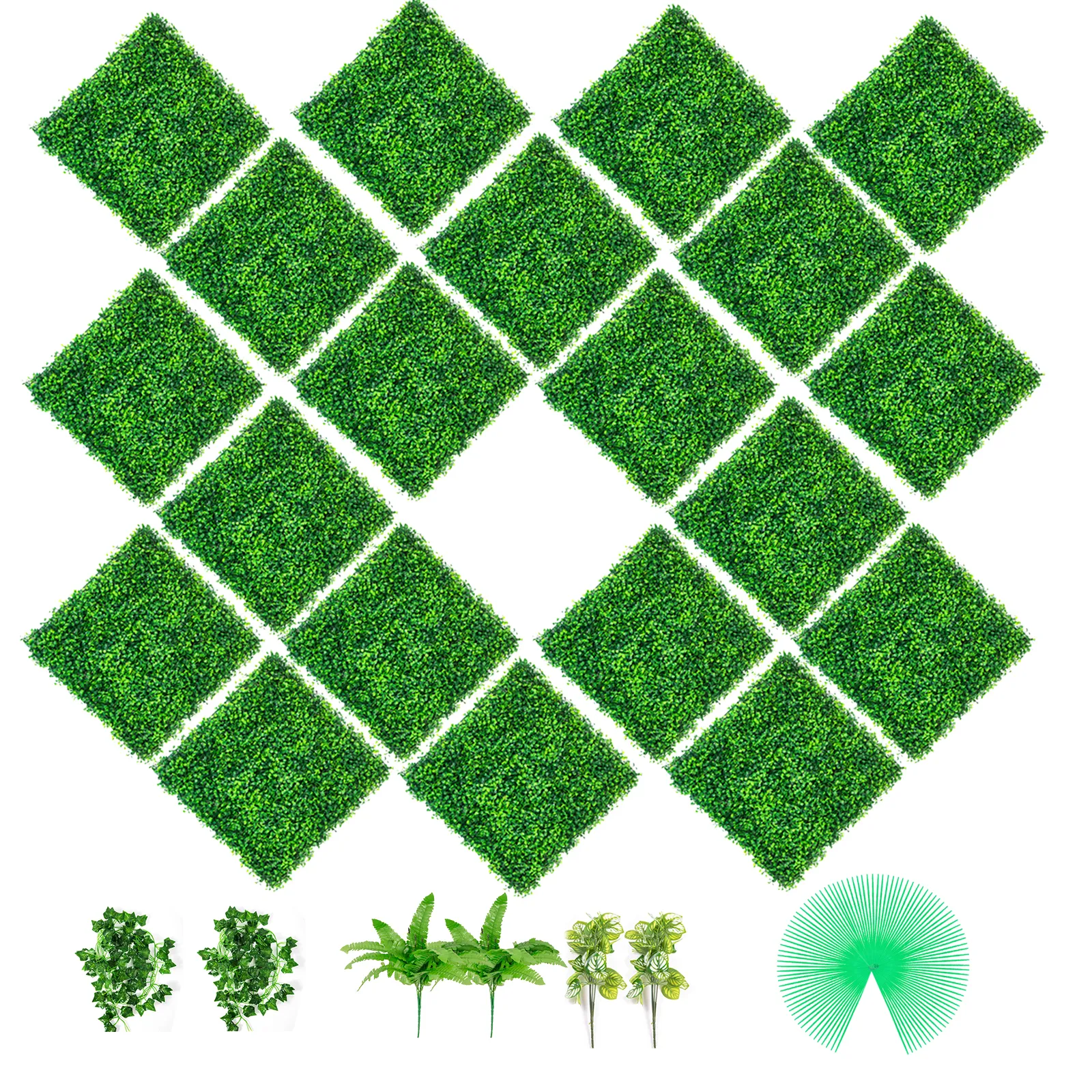 green square VEVOR boxwood panels with additional greenery and accessories displayed.