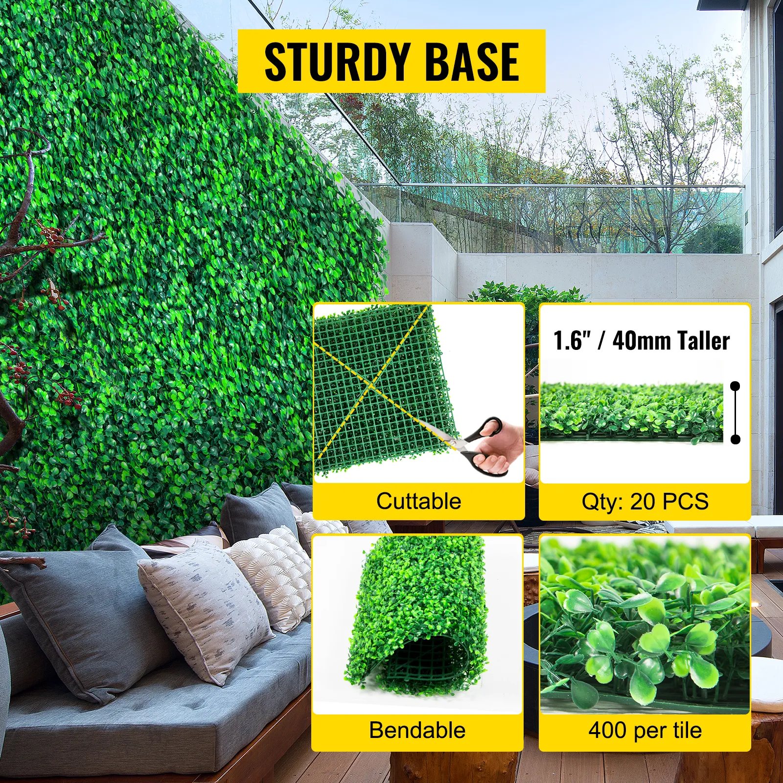 VEVOR boxwood panels in an outdoor seating area with close-ups of cuttable, bendable, and tall features.