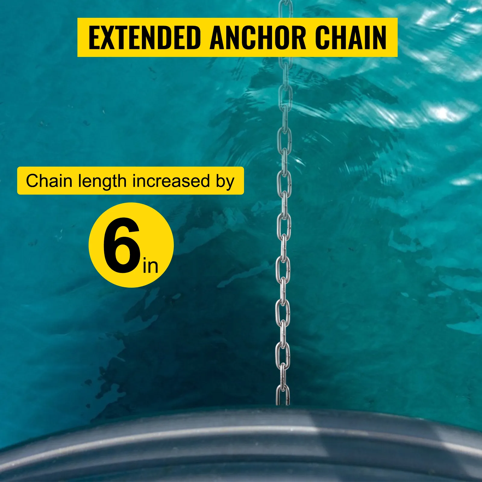 Cadena de ancla VEVOR extendida en el agua; longitud de la cadena aumentada en 6 pulgadas.