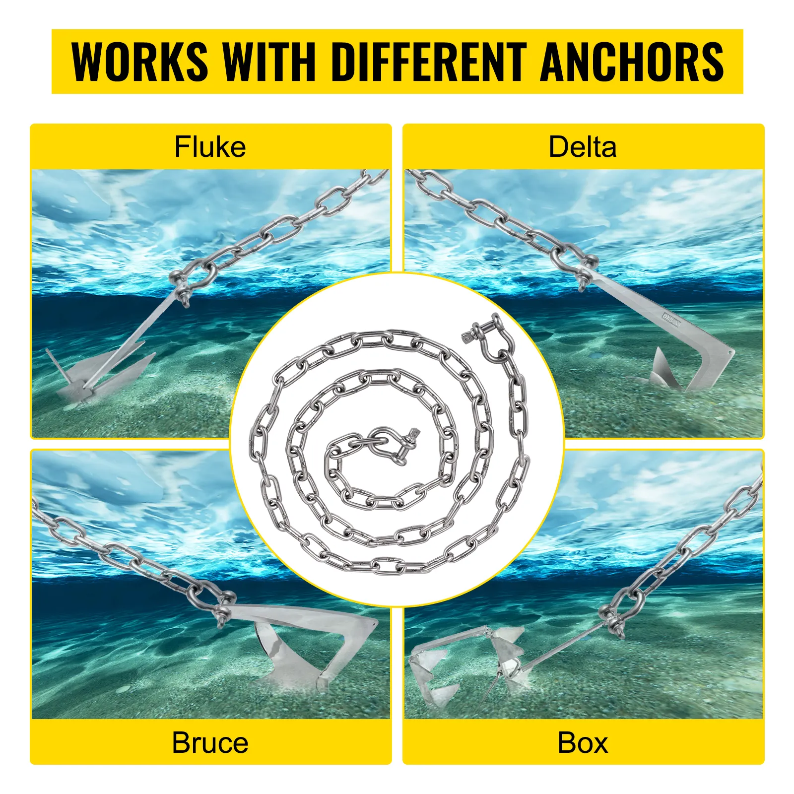 VEVOR anchor chain compatible with fluke, delta, bruce, and box anchors.