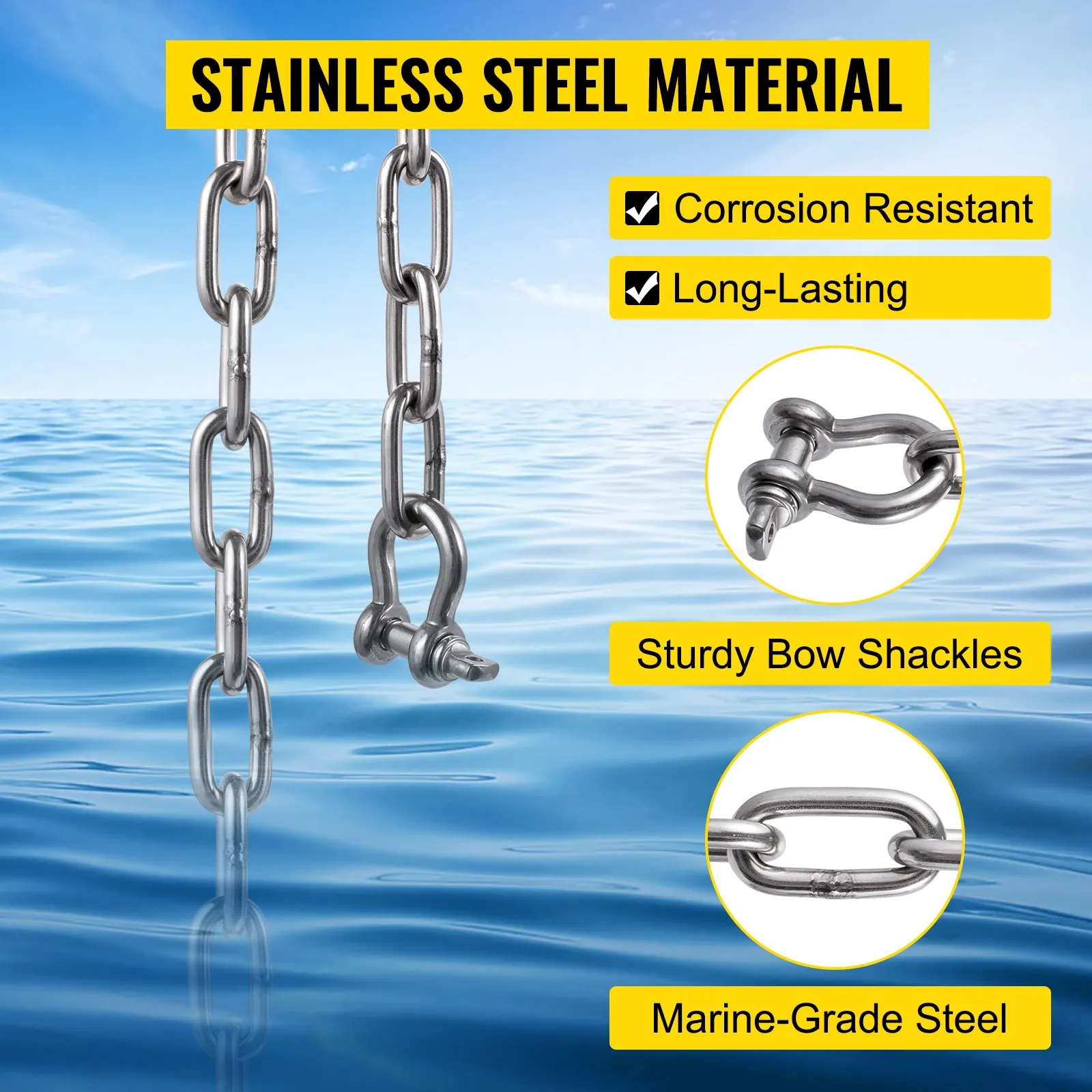 Cadena de ancla VEVOR de acero inoxidable sobre un océano azul con grilletes de proa resistentes a la corrosión.