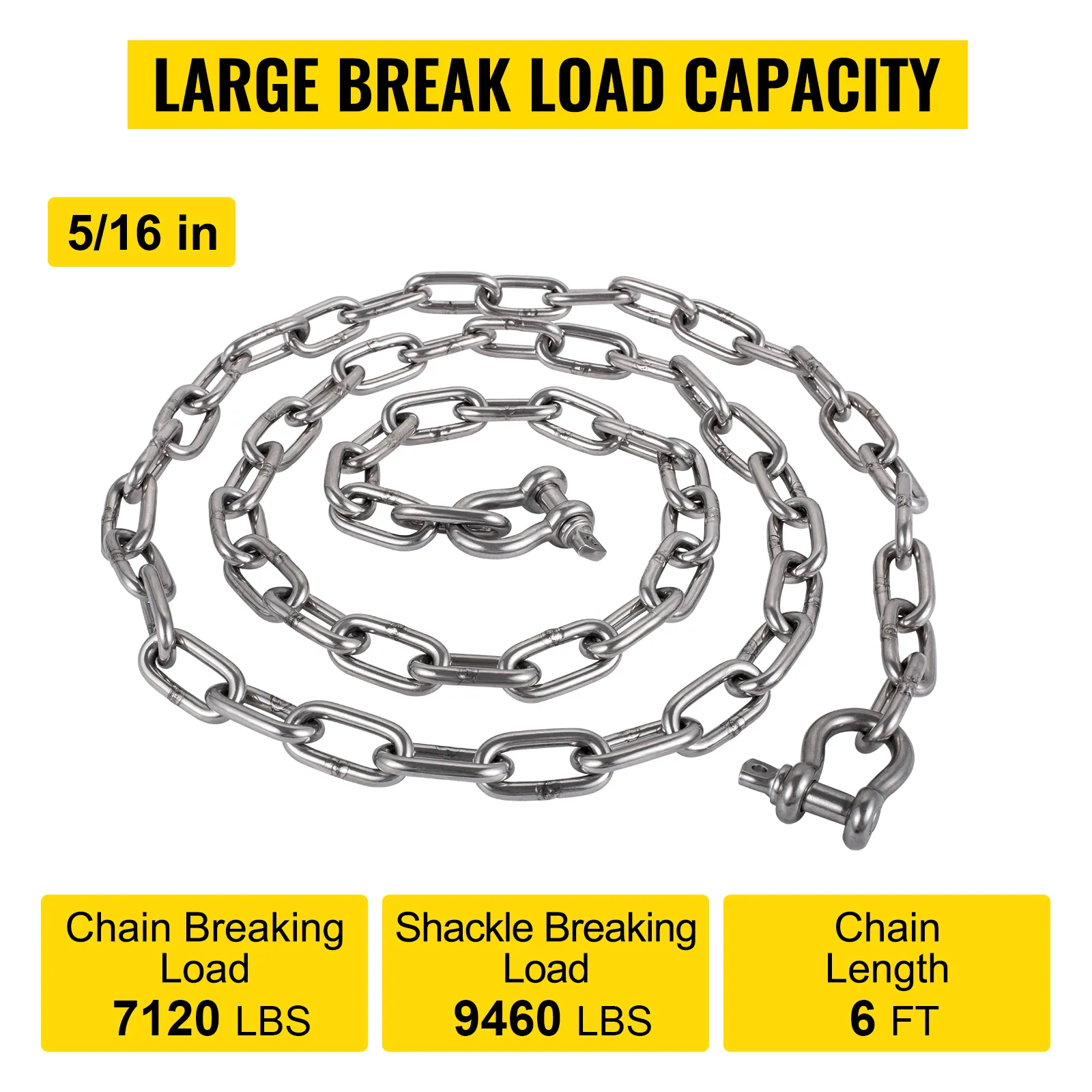 Cadena de ancla VEVOR, 6 pies, 5/16 pulgadas, carga de rotura 7120 libras, grillete 9460 libras.