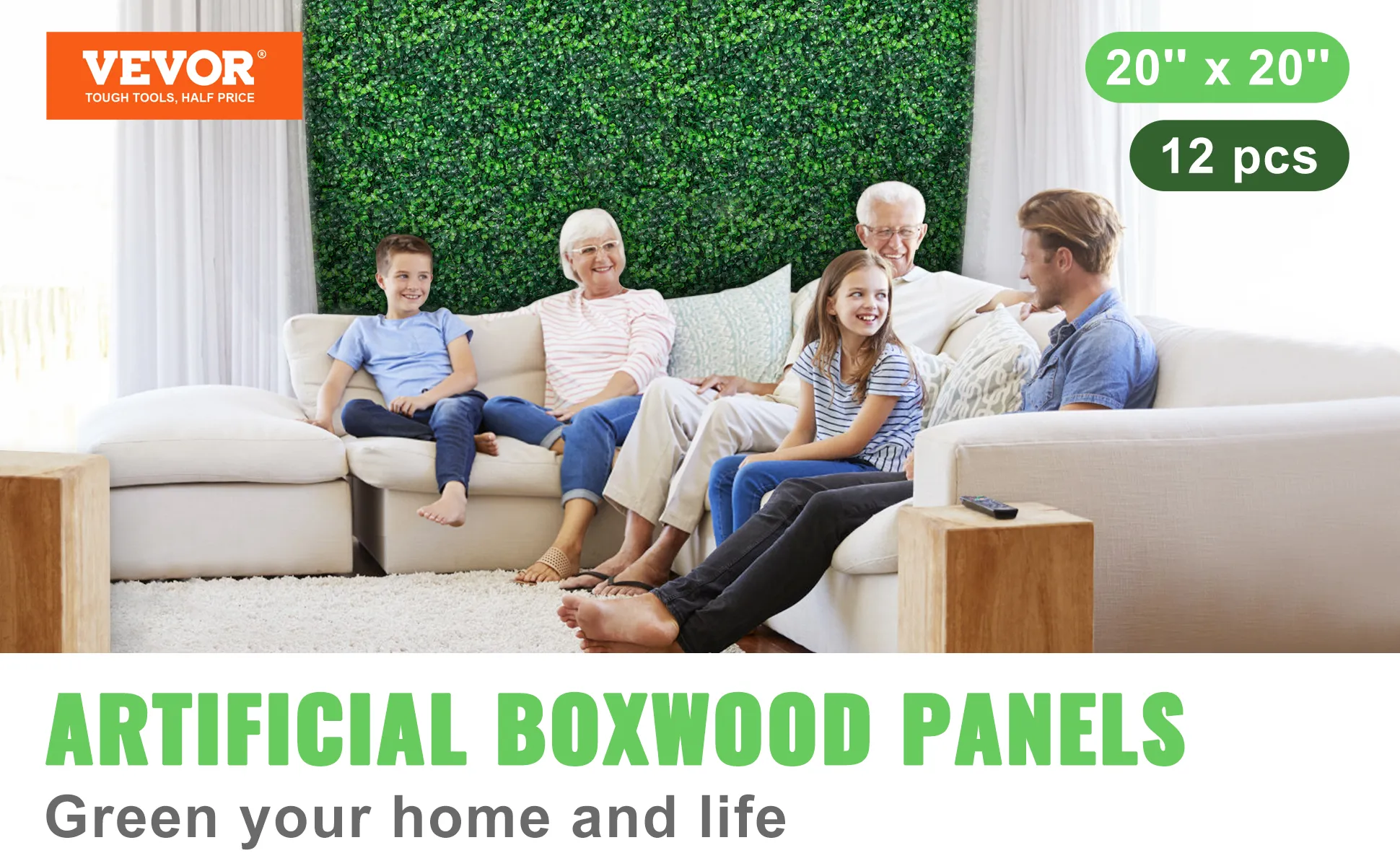 VEVOR artificial boxwood panels, 20" x 20", 12 pcs, enhance your home decor.