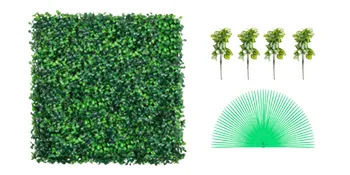 VEVOR artificial boxwood panels with decorative stakes and green plastic anchors.