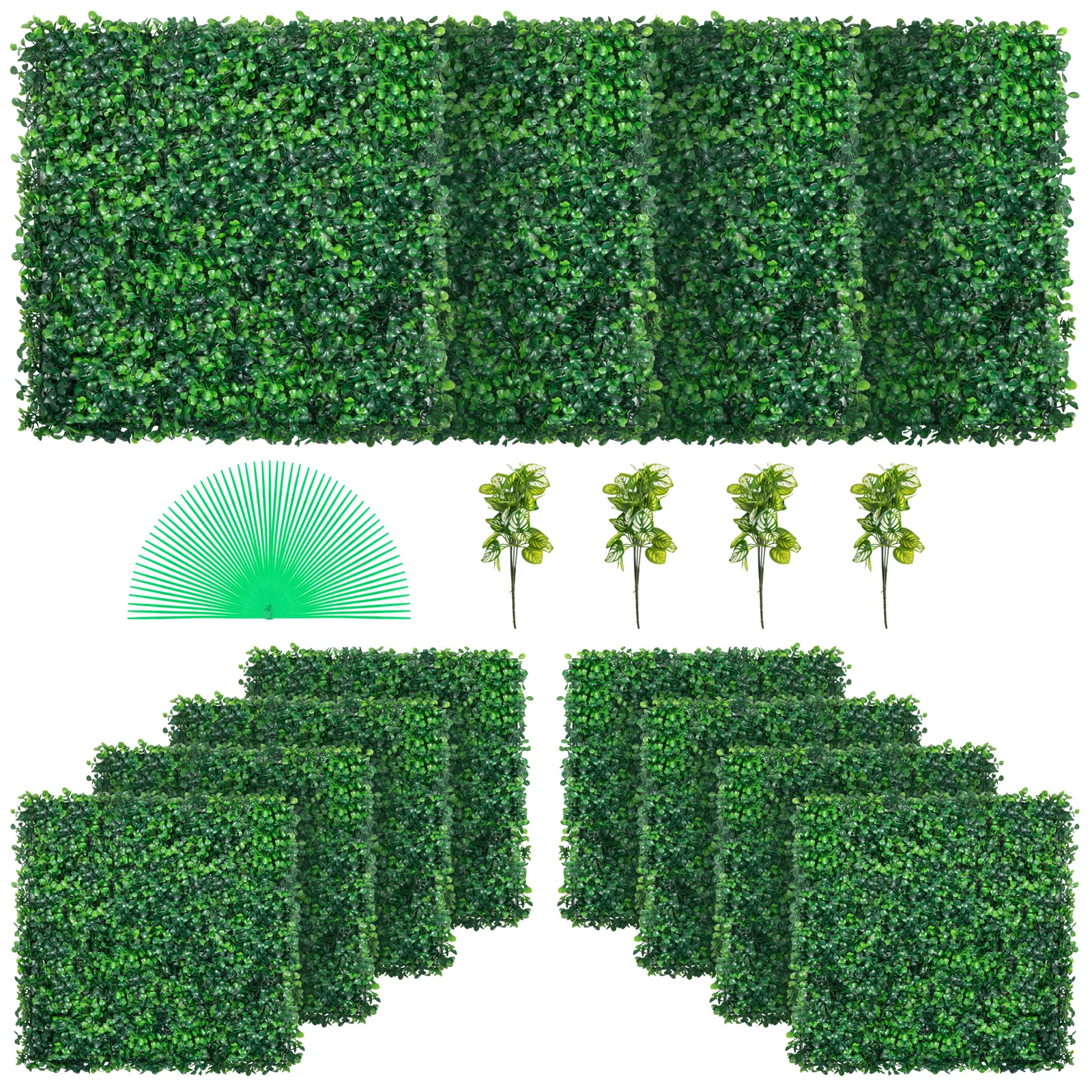 VEVOR artificial boxwood panels set including green panels and decorative plants.
