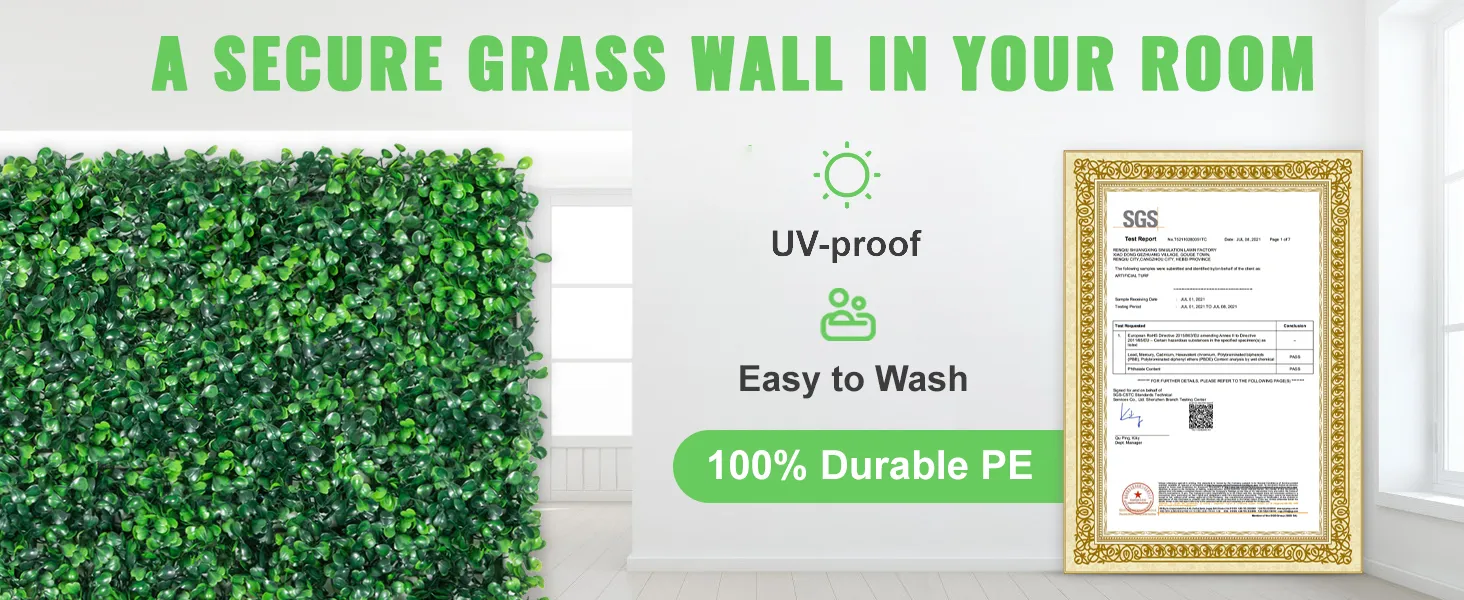 VEVOR grass wall panels, uv-proof, no smell, easy to wash, 100% durable pe.