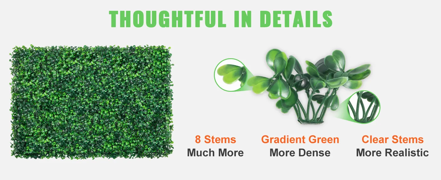 VEVOR grass wall panels with 8 stems, gradient green, and clear stems for realism.