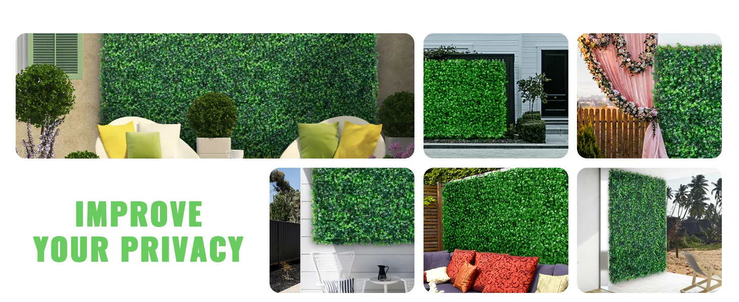 VEVOR grass wall panels for privacy in various outdoor and indoor settings.
