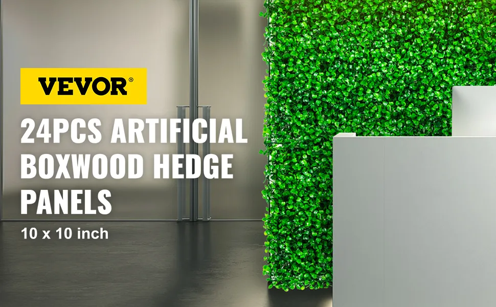 VEVOR artificial boxwood panel beside glass door and modern desk in office.