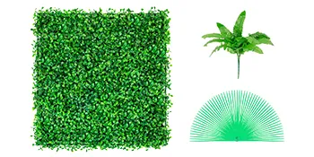 green VEVOR artificial boxwood panel and leaves against a white background.