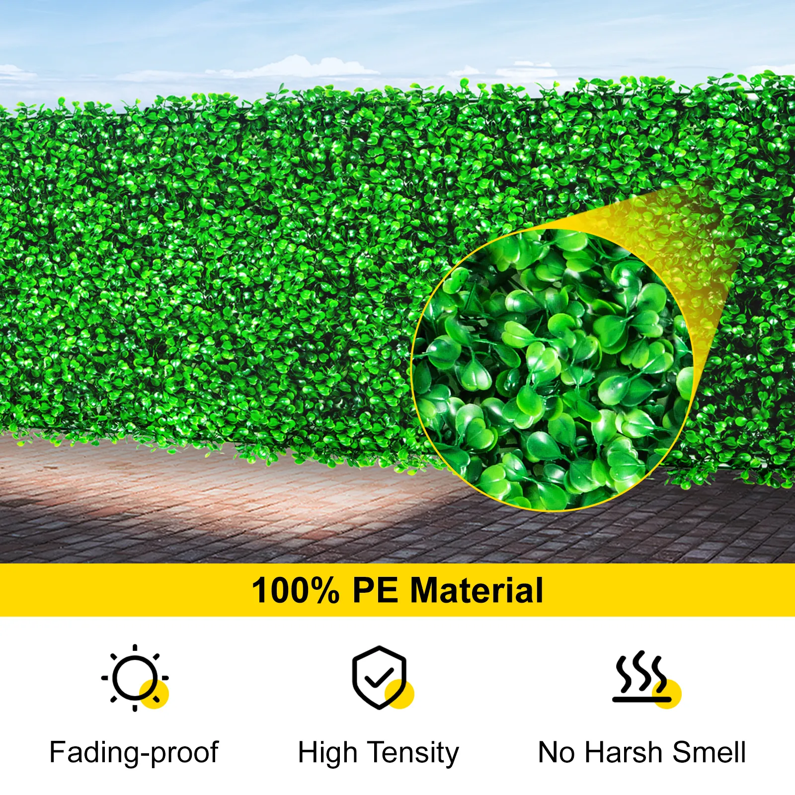 VEVOR artificial boxwood panel made of 100% pe material, showcasing a lush, green hedge.