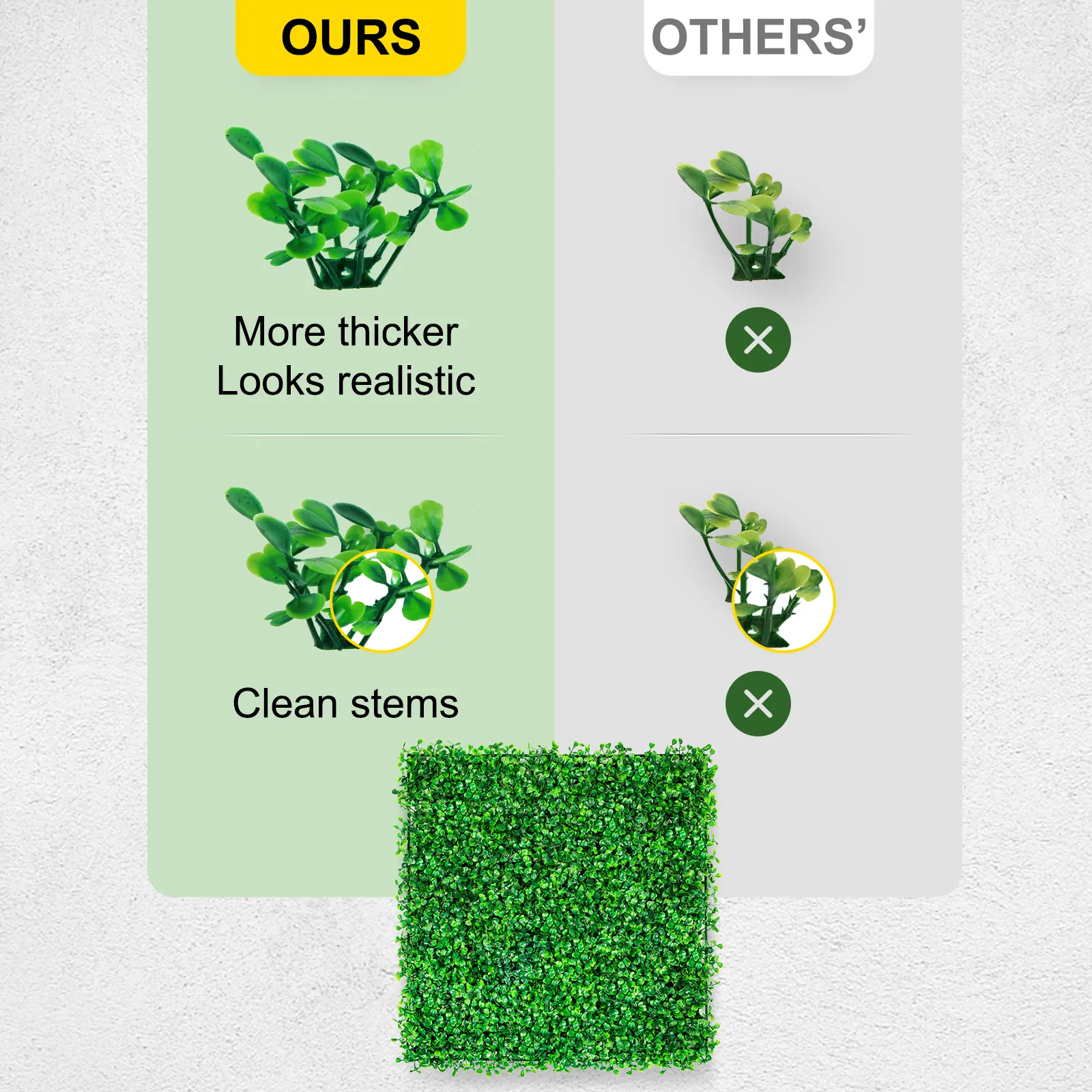 VEVOR artificial boxwood panel vs competitors showing thicker, realistic leaves and clean stems.
