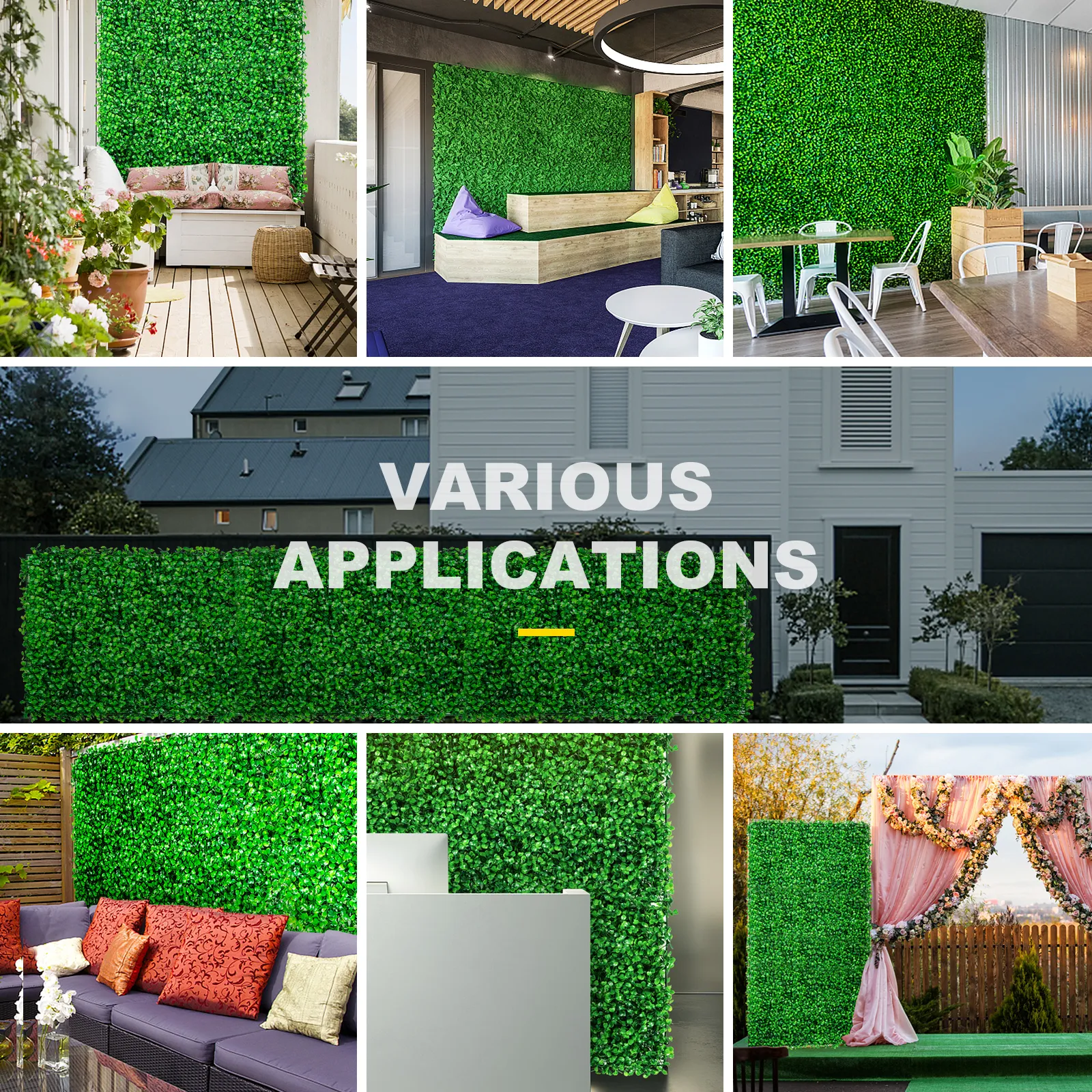 VEVOR artificial boxwood panel used for interior and exterior decor in various settings.