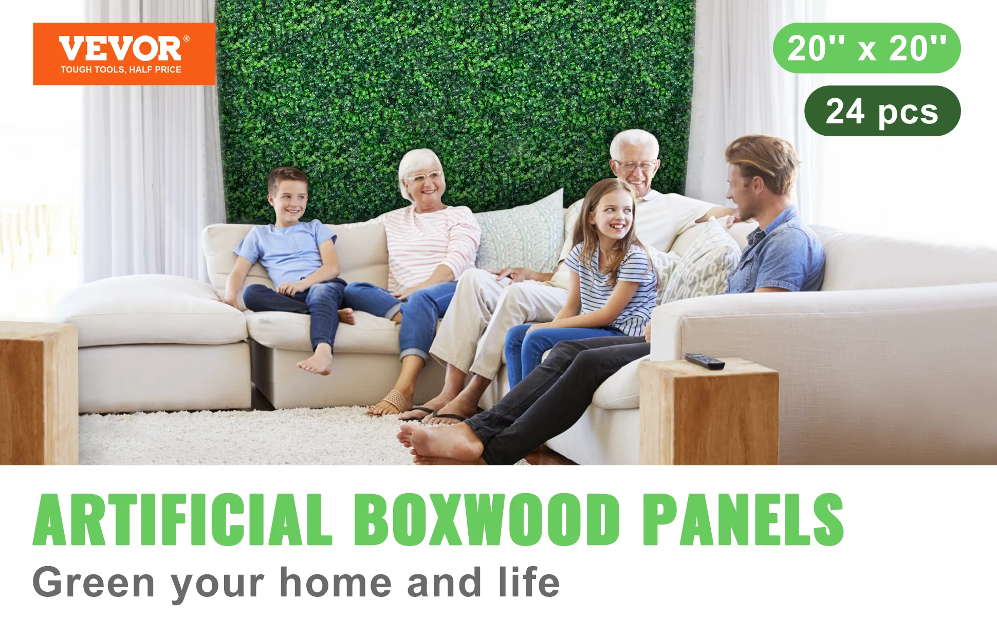 VEVOR artificial boxwood panel backdrop, enhancing a cozy living room setting.