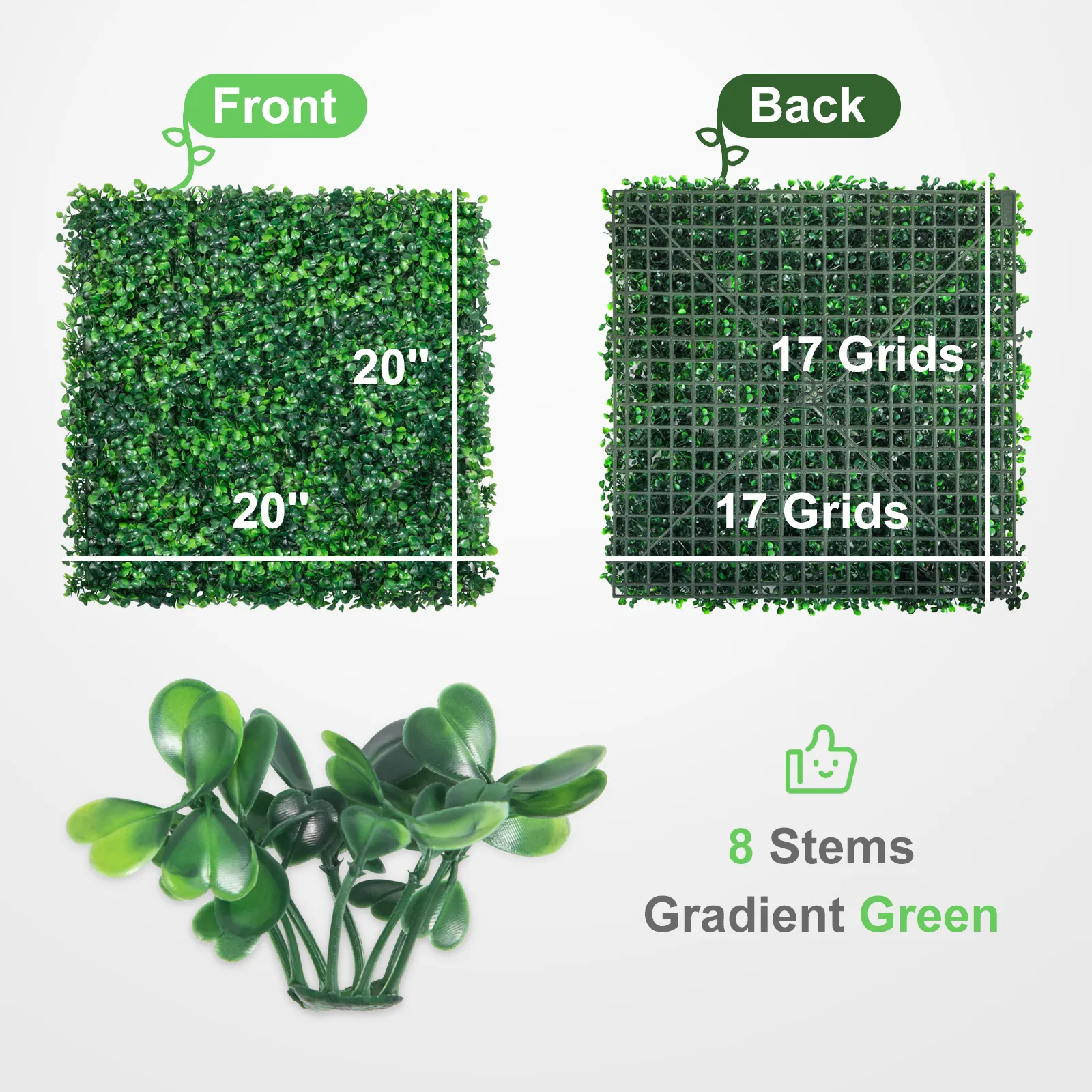 front and back view of a VEVOR artificial boxwood panel, 20"x20", 17x17 grids.