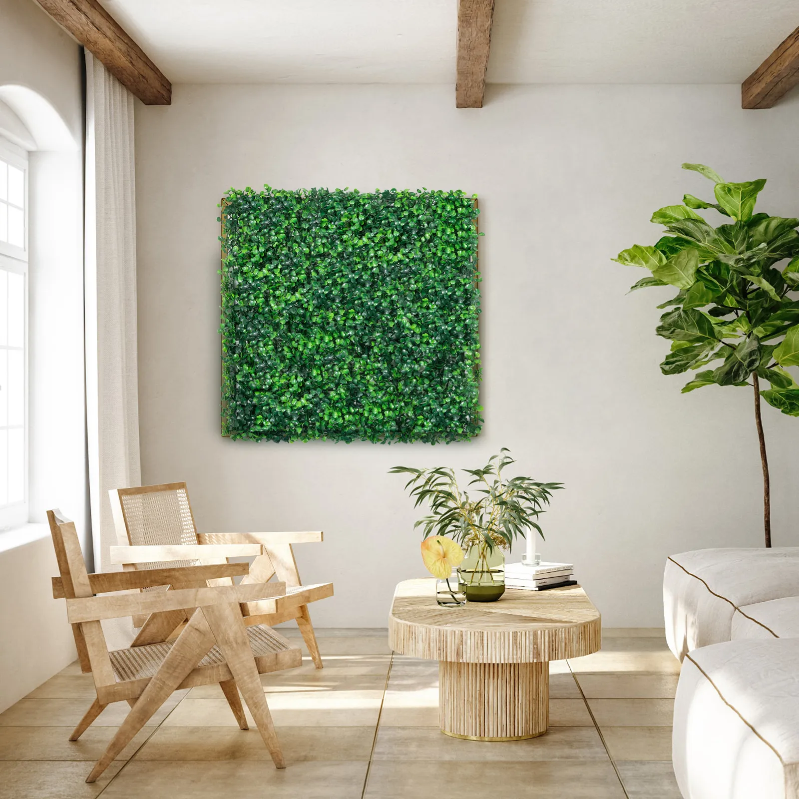 modern living room with VEVOR artificial boxwood panel, wooden furniture, and green plants.