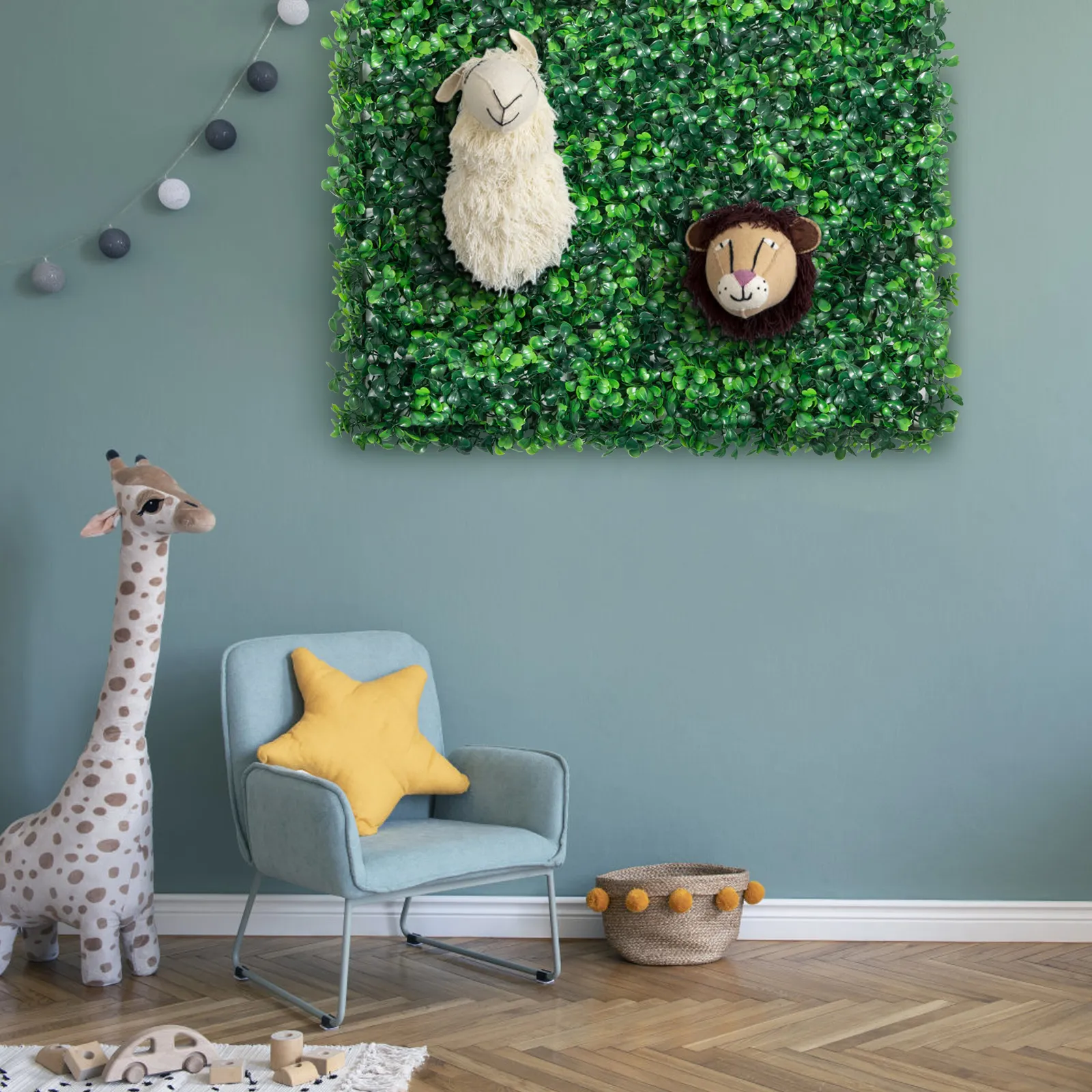 stuffed giraffe next to armchair, VEVOR artificial boxwood panel, and wall decor