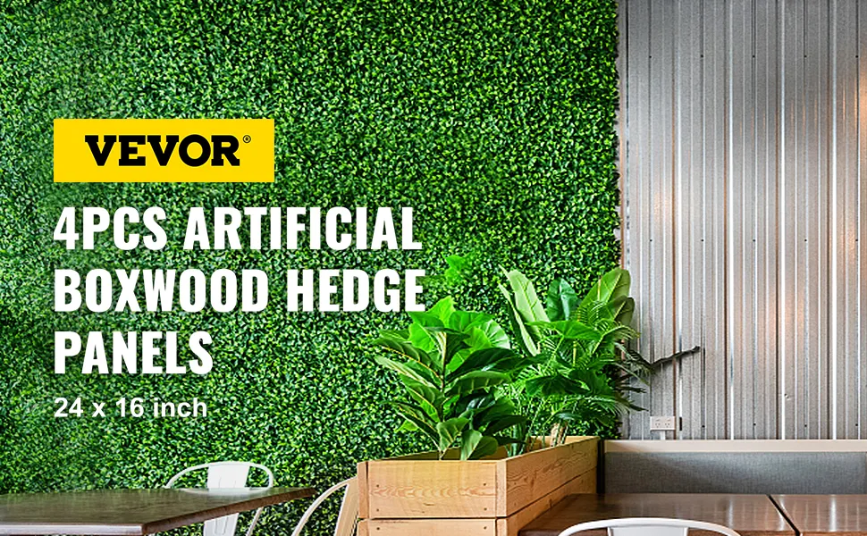 VEVOR artificial boxwood panel, lush green wall with potted plants and seating area.