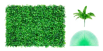 green VEVOR artificial boxwood panel with foliage and attachment accessories.