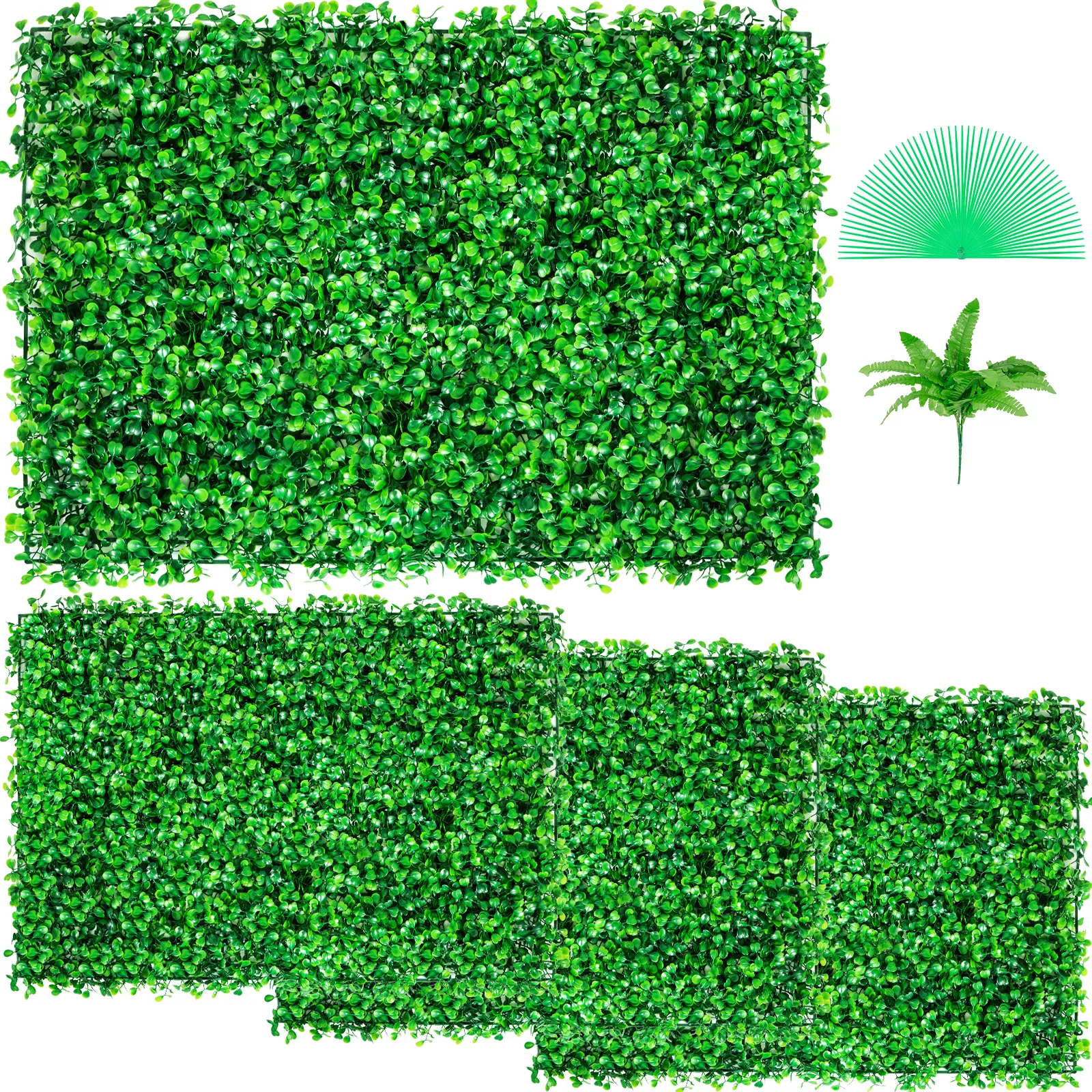 VEVOR artificial boxwood panel set with lush green tiles and additional foliage pack.