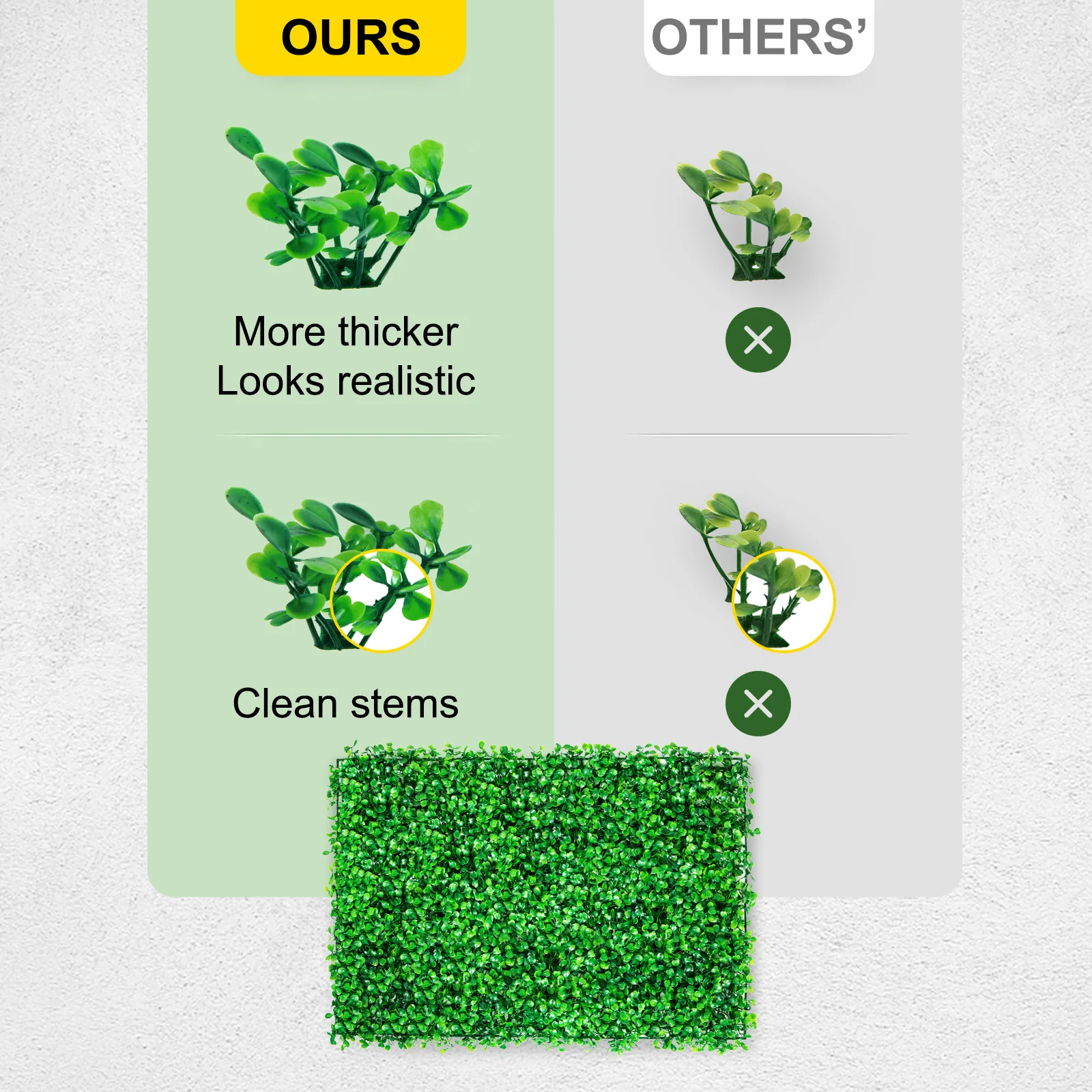 comparison of VEVOR artificial boxwood panel and other brands, highlighting thickness.