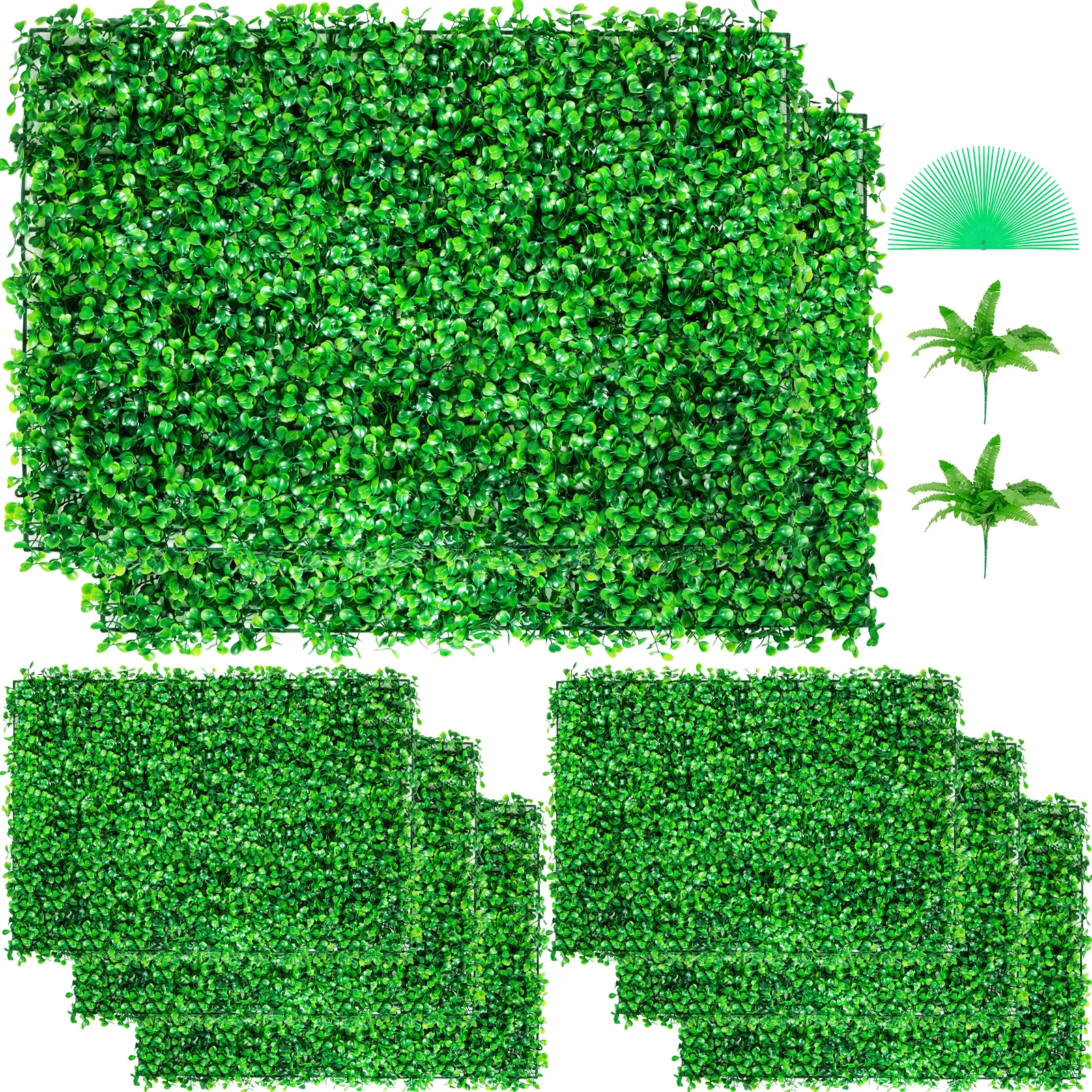 green VEVOR artificial boxwood panels with ferns and grass accessories.