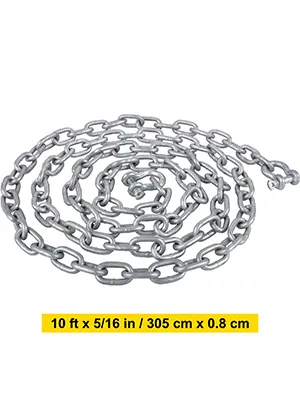 VEVOR anchor chain, 10 ft x 5/16 in, 305 cm x 0.8 cm. silver chain coiled.