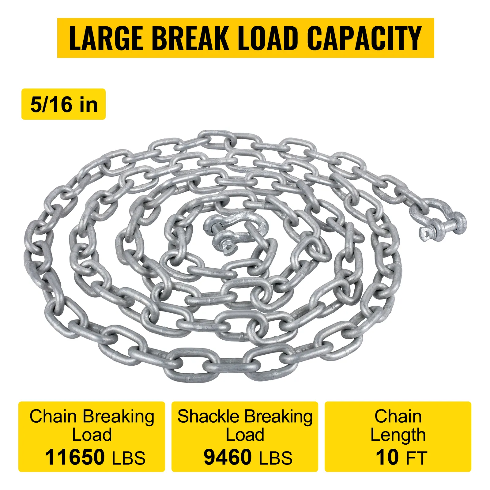 VEVOR anchor chain, 5/16 inch, 10 ft, 11650 lbs chain, 9460 lbs shackle load capacity.