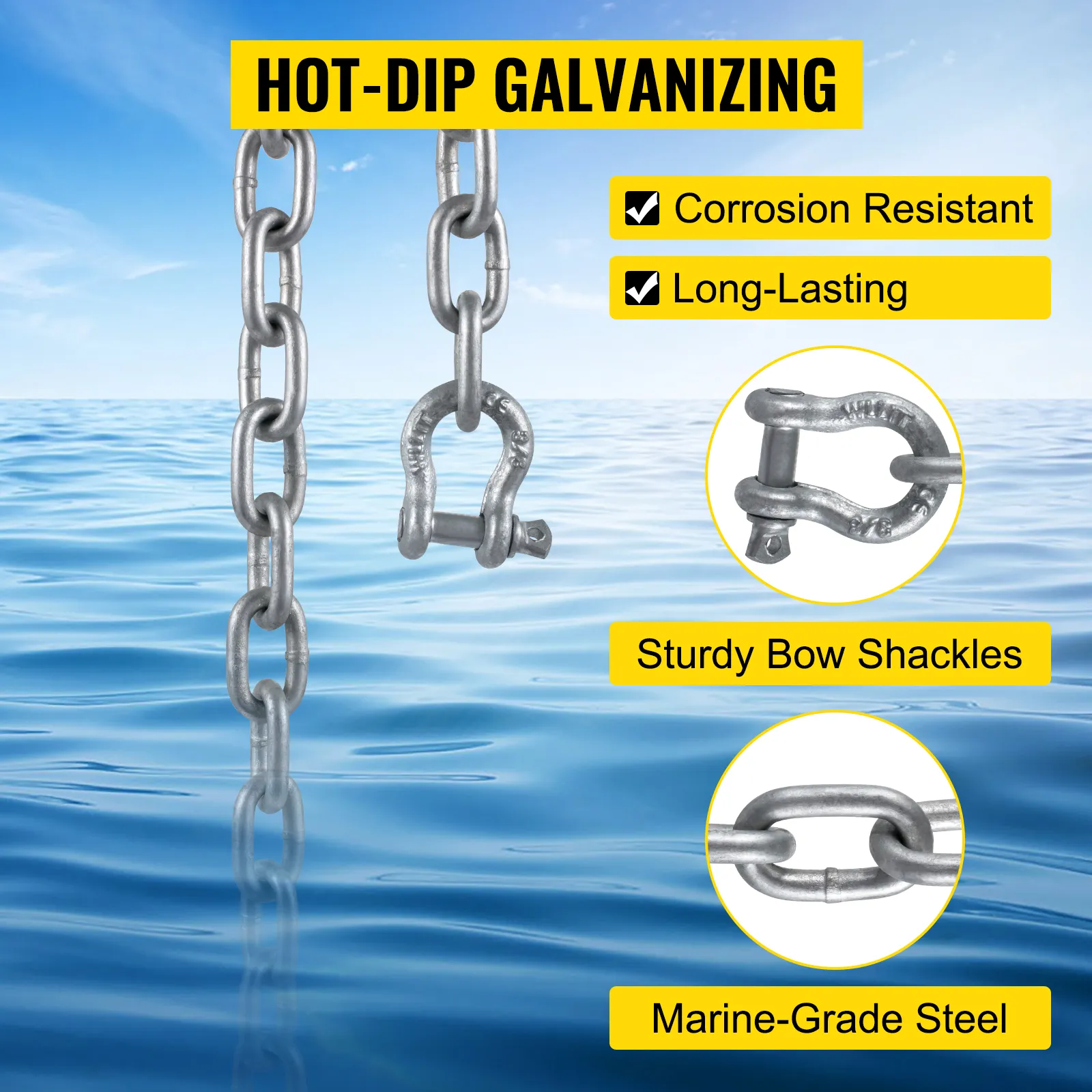 VEVOR anchor chain with bow shackles, marine-grade steel, corrosion-resistant, long-lasting