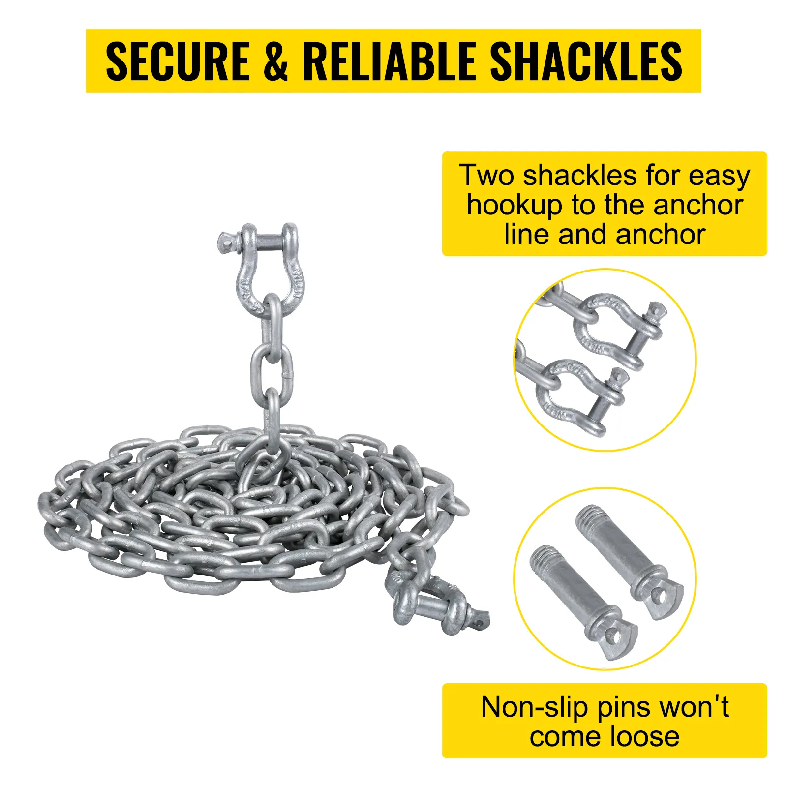 VEVOR anchor chain with non-slip pins and two secure shackles for anchor hookup.